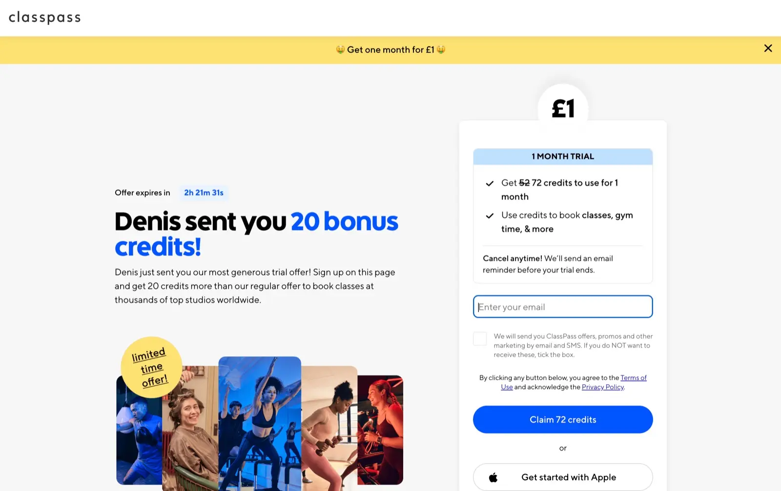ClassPass new user bonus credits offer