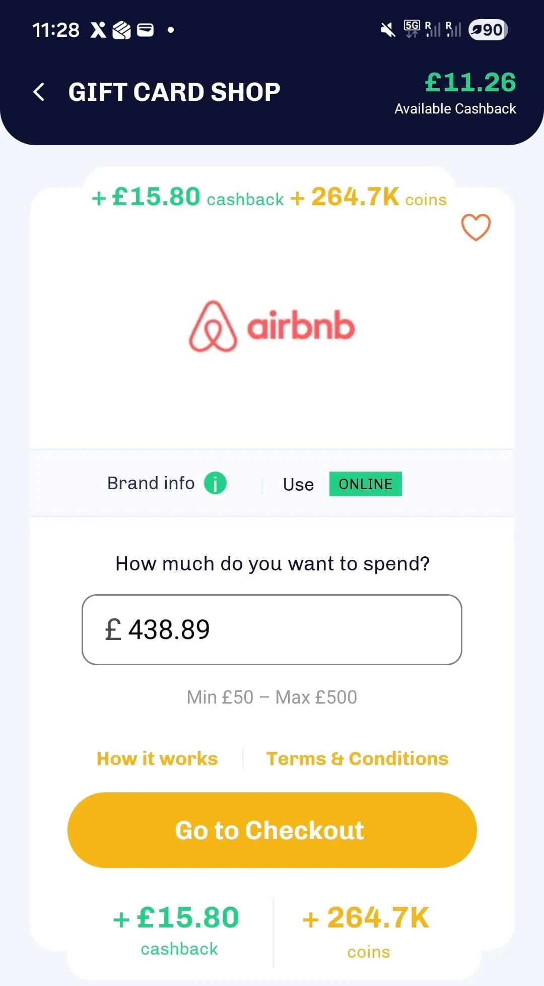 EverUp Airbnb gift-card screen showing a custom £438.89 purchase, £15.80 cashback and 264,700 coins