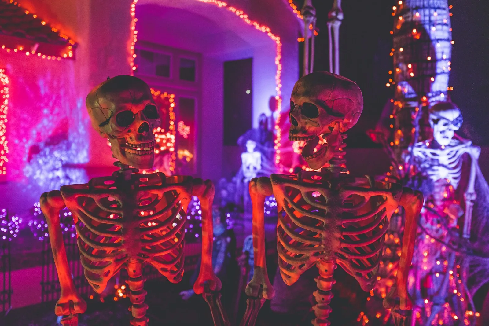 Deux squelettes décoratifs sous des lumières violettes et orange