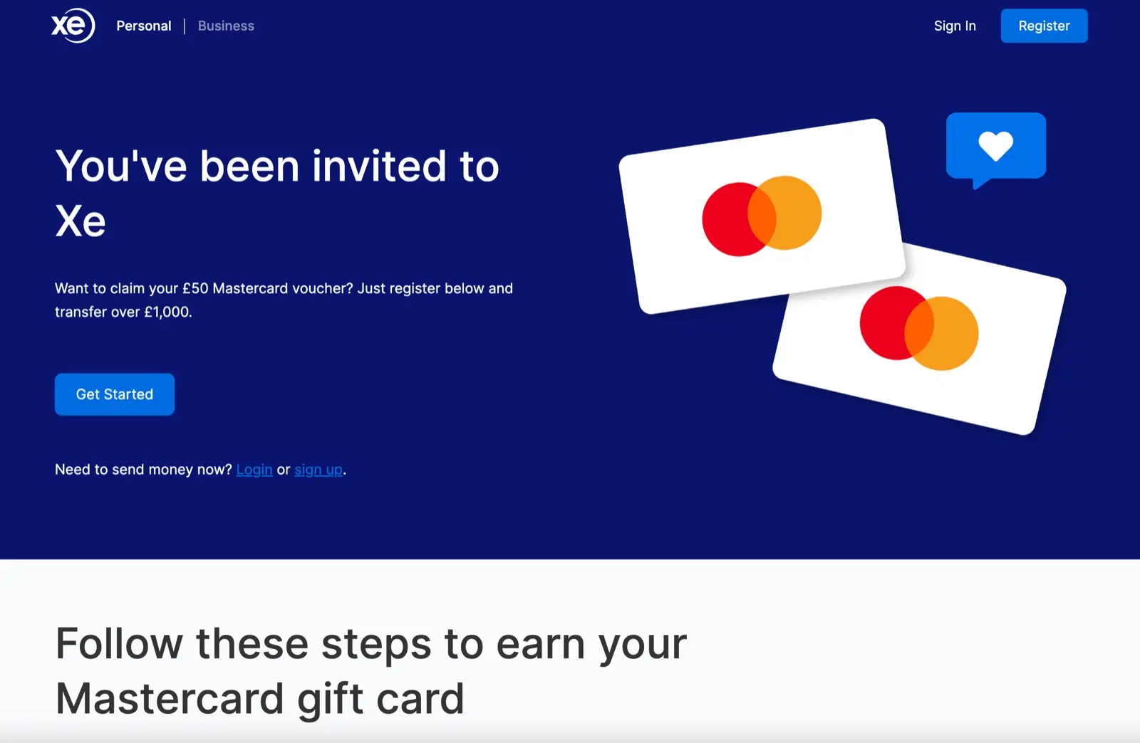 Xe Money Transfer new customer reward