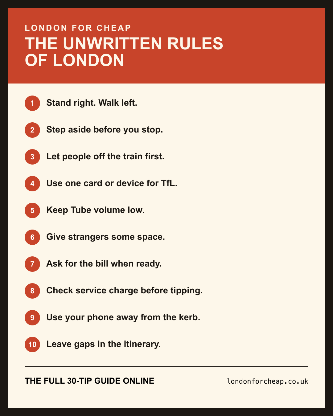 The Unwritten Rules of London: a London For Cheap cheat sheet with ten practical rules for visitors.